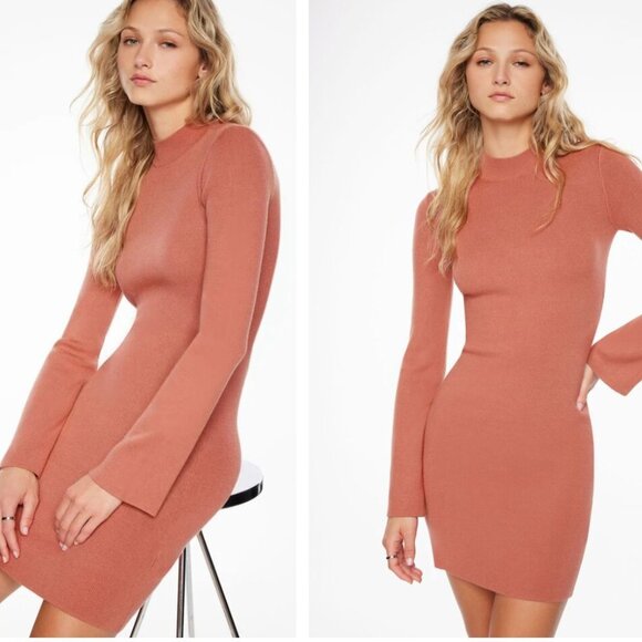 Dynamite Isabella Turtleneck Mini Mock Neck Sweater Dress Taupe Size Medium - Picture 2 of 11